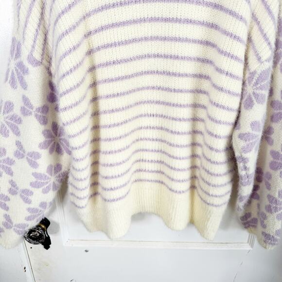 Altar’d State Fuzzy Teddy Cream Purple Floral Striped Haley Sweater Size Large L - Picture 10 of 11